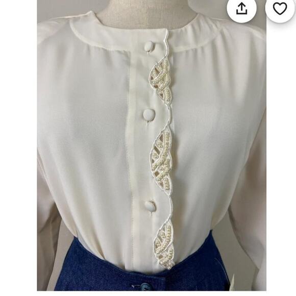 Claudia Richard Tops - Vintage Claudia Richard Cream Faux Pearl Cutout Blouse Size 10